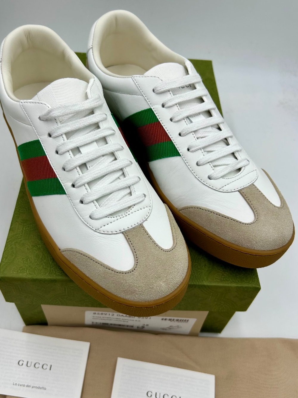 Women’s Gucci G74 Suede/Leather Web Striped Sneakers. Size 38/8.5.